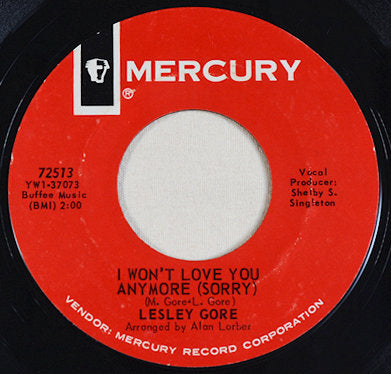 Close-up of Lesley Gore's 'I Won't Love You Anymore (Sorry)' Mercury 45 RPM record label