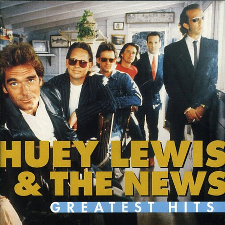 Album cover for 'Huey Lewis & The News Greatest Hits' featuring a group of people in a room.