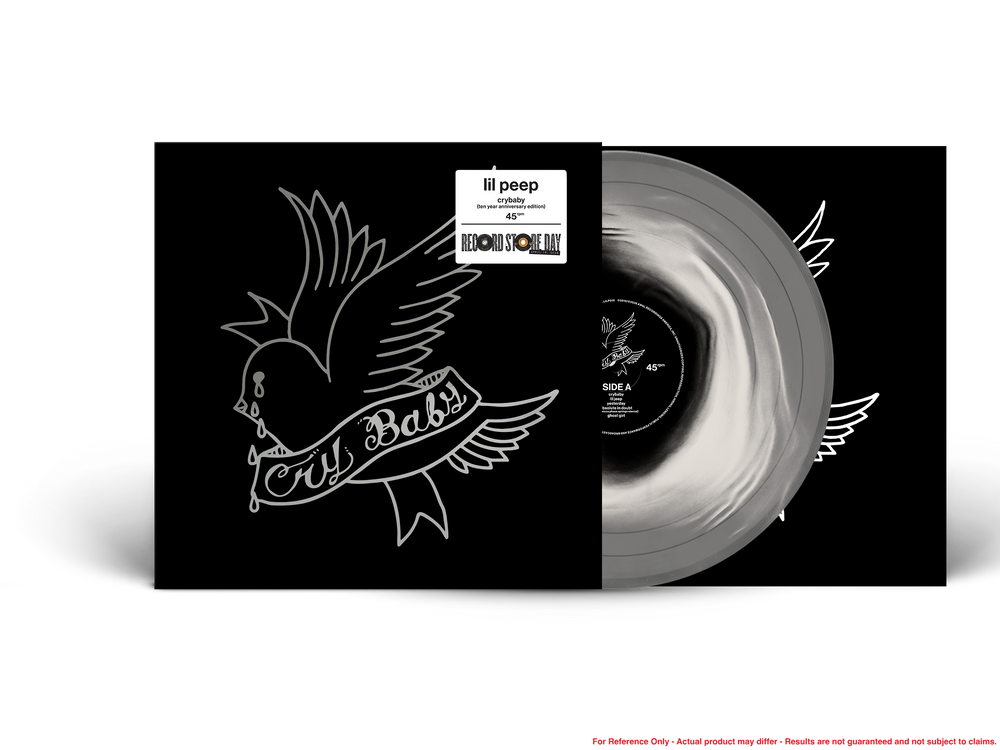 Vinyl record with black and white cover featuring a bird design and 'lil peep' branding.