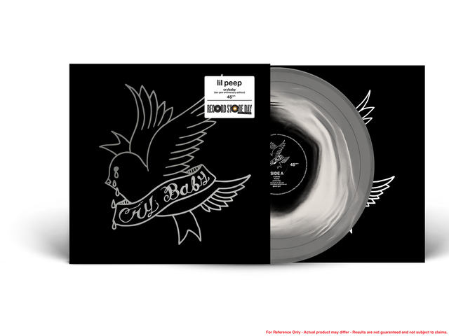 Vinyl record with black and white cover featuring a bird design and 'lil peep' branding.