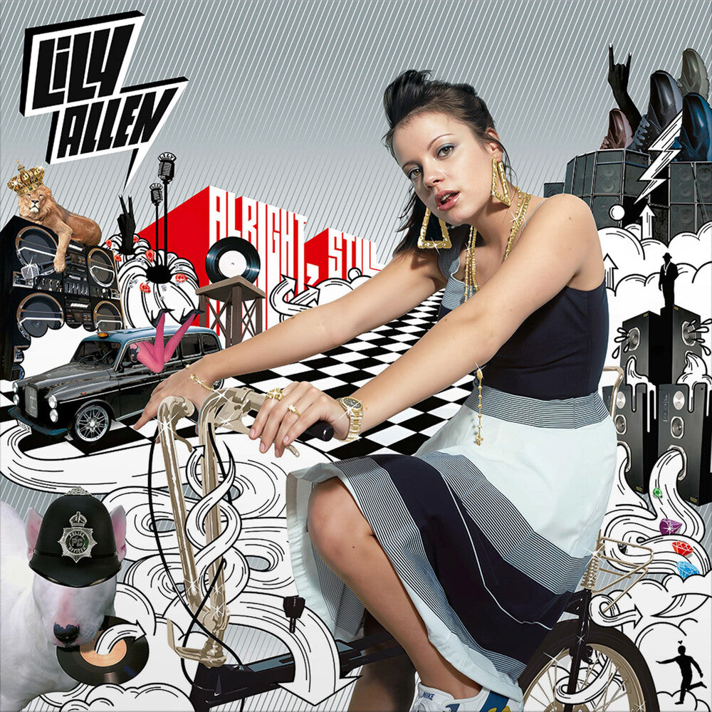 Singer Lily Allen on a album cover with various objects and patterns and red and white text of the record title 'Alright Still'.