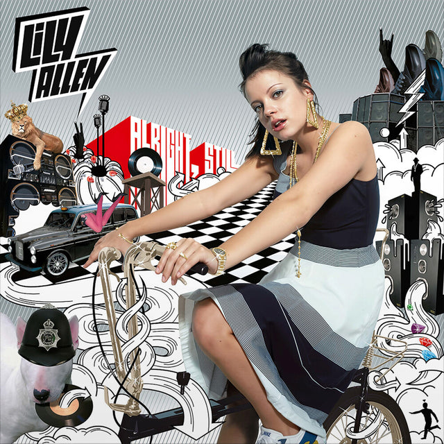 Singer Lily Allen on a album cover with various objects and patterns and red and white text of the record title 'Alright Still'.