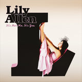 Album cover for Lily Allen's 'It's Not Me, It's You' with a photo of her in a pink dress sitting in an 'L'.