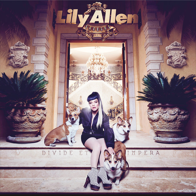 Album cover with Lily Allen and dogs in front of an ornate building entrance, featuring her name and the record title 'Sheezus'.