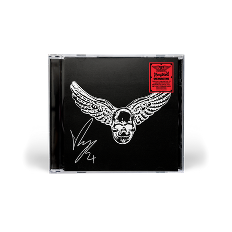 Limited edition music CD featuring a winged skull design, autograph, and red sticker on a black background