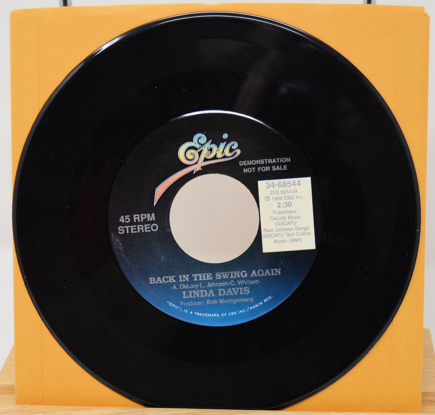 Epic label 45 RPM vinyl of Linda Davis' Back in the Swing Again demo single