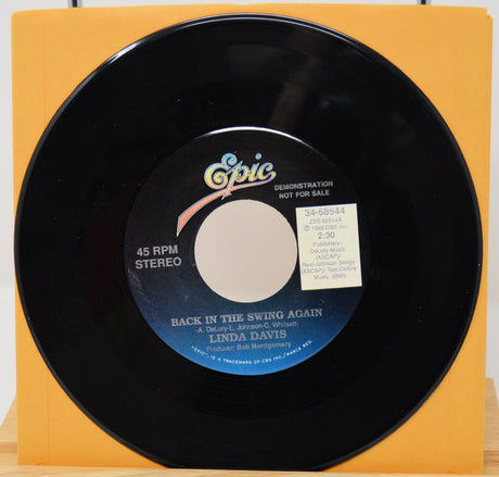 Epic label 45 RPM vinyl of Linda Davis' Back in the Swing Again demo single