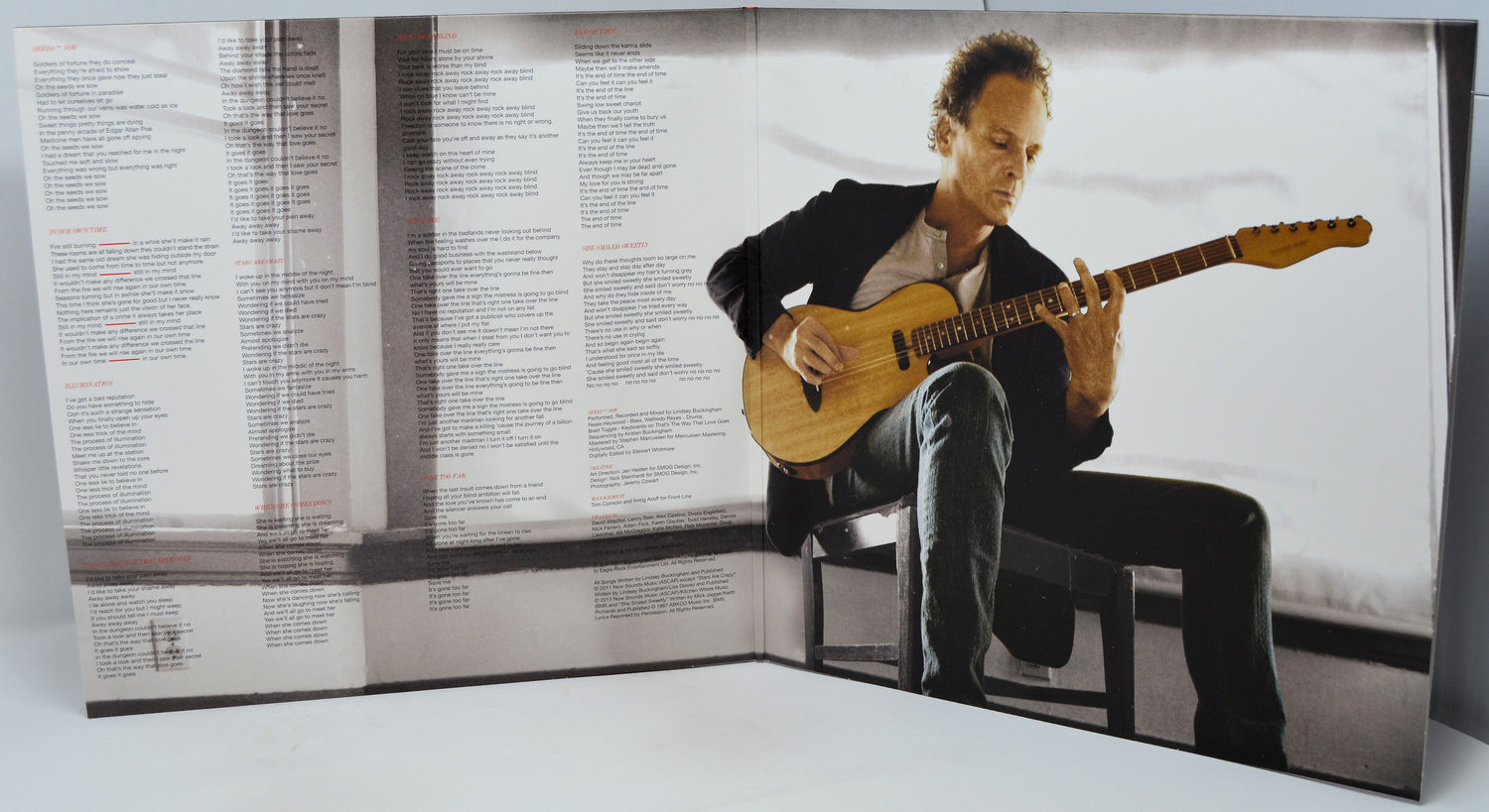 A large printed panel or poster featuring a seated man playing an acoustic guitar, with dense text columns visible on the left side. The panel is photographed against a plain light background.