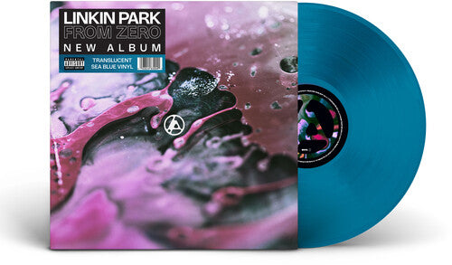 Translucent sea blue vinyl record of Linkin Park - From Zero with a visible text and logo on the cover.