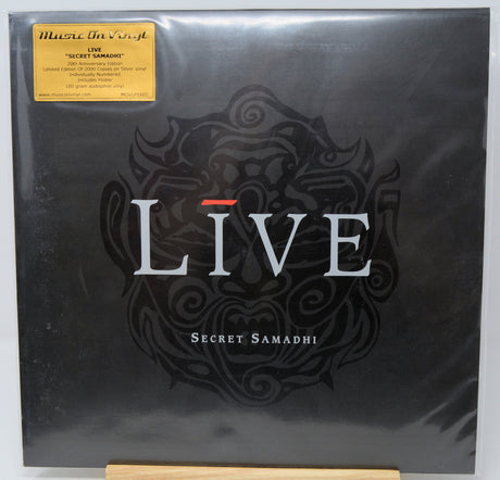 A sealed vinyl record album for 'Live - Secret Samadhi' by Music On Vinyl, featuring a black cover with a stylized dark illustration and a gold sticker in the top left corner.