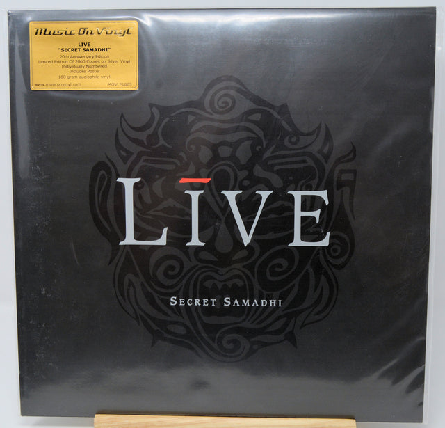 A sealed vinyl record album for 'Live - Secret Samadhi' by Music On Vinyl, featuring a black cover with a stylized dark illustration and a gold sticker in the top left corner.