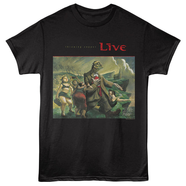 Black t-shirt with a graphic design and 'Live' text on a white background