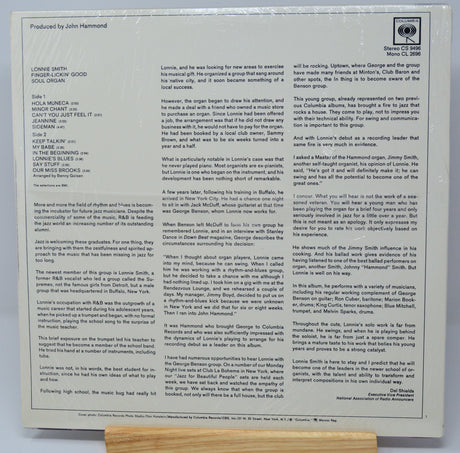 Back cover of Lonnie Smith's 'Finger-Lickin' Good' LP with tracklist and liner notes