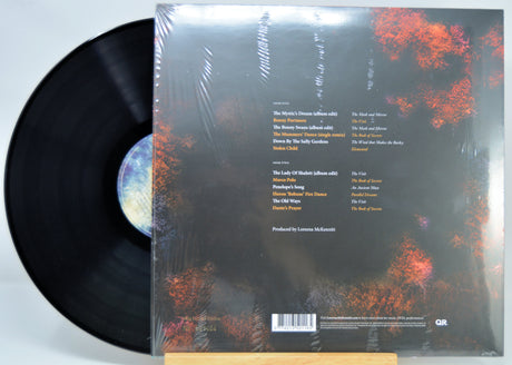 A vinyl record partially pulled from its shrink-wrapped back cover, showing the tracklist and artwork in clear plastic. The cover features a dark abstract design with orange-red tree-like patterns and small white text.