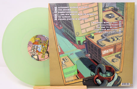 Back cover of A Wilhelm Scream's 'Lose Your Delusion' LP showing tracklist and translucent green vinyl