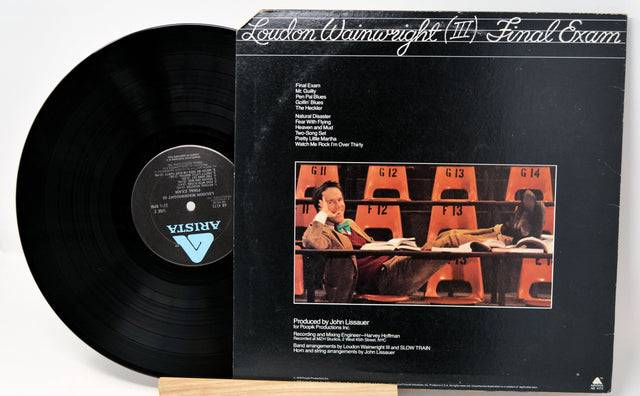 Back cover of Loudon Wainwright III Final Exam vinyl record with tracklist and seated artist