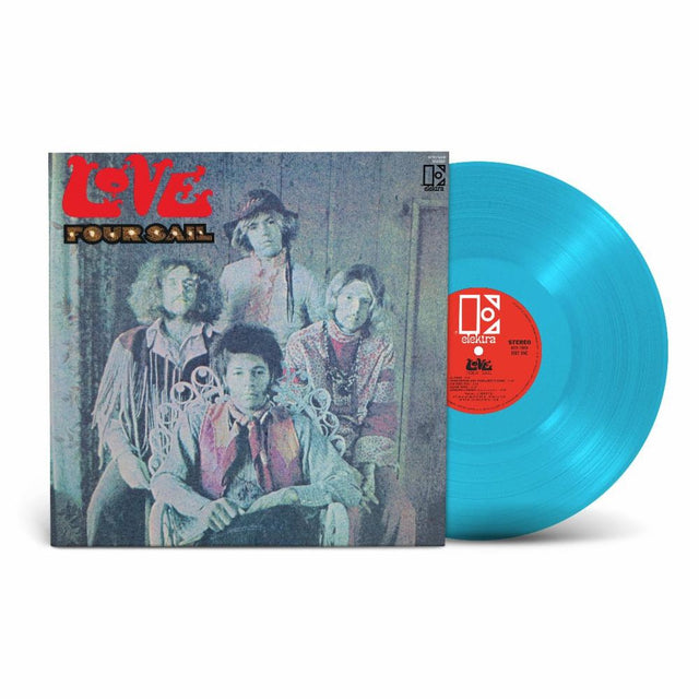 Fourball's 'Love' vinyl record album with a translucent bright blue record partially visible behind the illustrated square album cover on a white background.