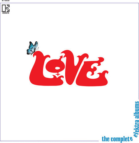 Love band logo in red with a blue butterfly, album cover for The Complete Elektra Albums