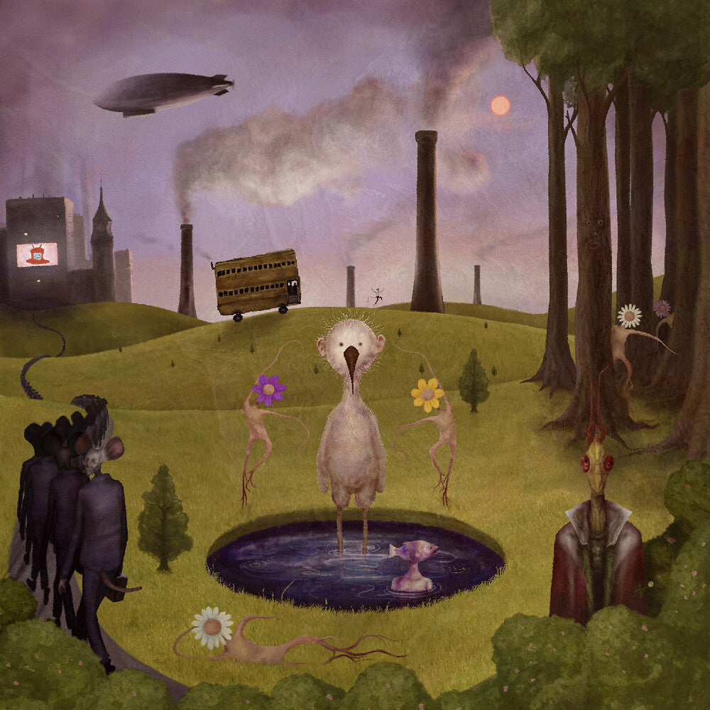 Surreal landscape with a large bird-like creature, people, and a zeppelin in the sky.