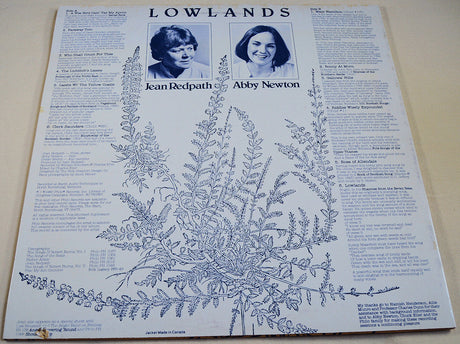 Back cover of 'Lowlands' vinyl album showing Jean Redpath and Abby Newton photos, tracklist, and liner notes