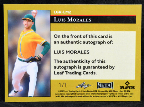 Back of Luis Morales 2025 Leaf Metal trading card with autograph authenticity guarantee