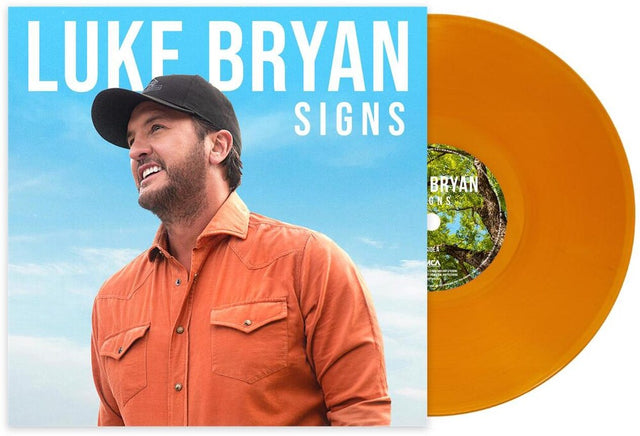 Vinyl record with a portrait of a person and 'Luke Bryan Signs' text on a blue and orange background