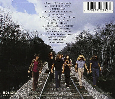 Back cover of Lynyrd Skynyrd All Time Greatest Hits CD showing tracklist and band walking on railroad tracks
