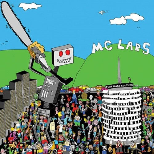Colorful MC Lars Flat Mass Culture album cover featuring a cartoon robot with a chainsaw and a lively crowd scene