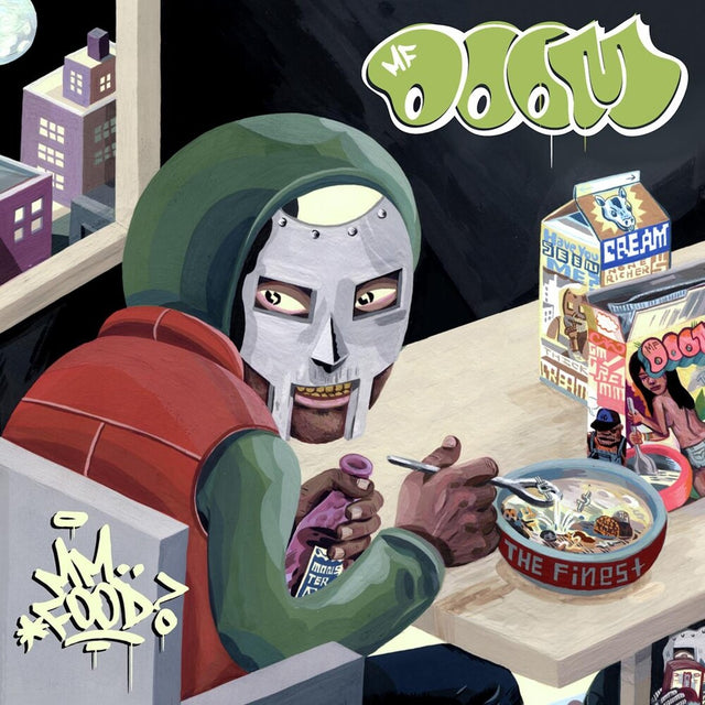 Cartoon character eating cereal with a cityscape background and 'MF Doom' branding.