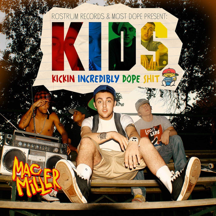 Album cover featuring a group of people with colorful text and 'Mac Miller' branding.