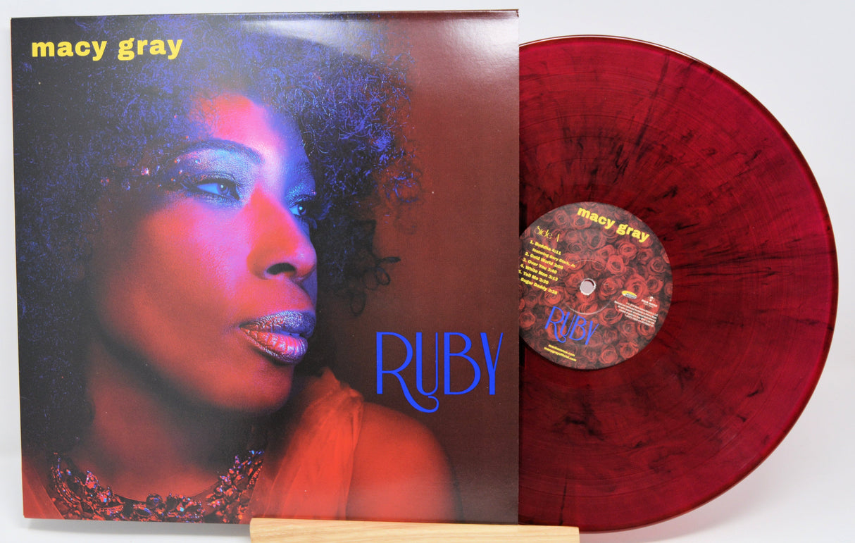 Front cover of Macy Gray's Ruby album with artist portrait and red marbled vinyl record