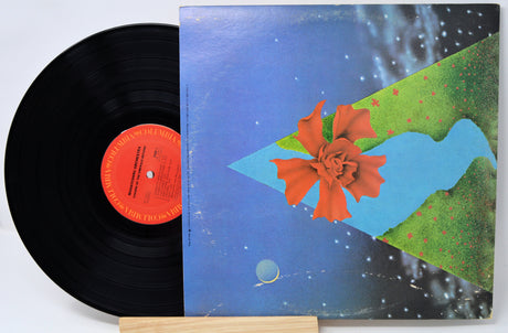 A vinyl record partially pulled from its illustrated album cover, displayed on a small wooden stand against a light gray background. The record is black with a bright orange-red center label, and the cover art shows a blue sky, green landscape, and a large orange flower.