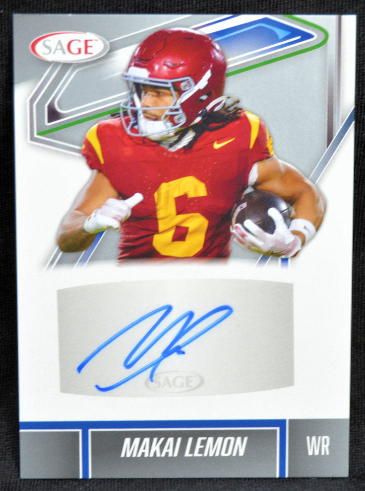 Football trading card of Makai Lemon with autograph, number 6, and SAGE branding.