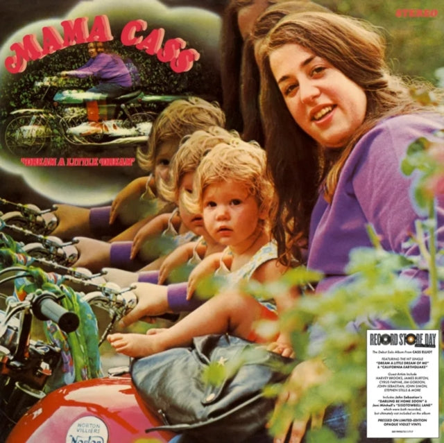 Album cover featuring a woman and child on a motorcycle with 'Mama Cass' text.