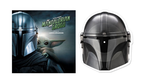 Helmet from 'The Mandalorian' with a movie poster in the background