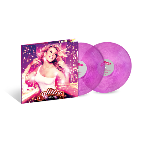 A vinyl record album shown with its illustrated jacket and two translucent purple records on a clean white background. The cover features a woman against a neon city scene with the title 'Glitter' and 'MARA' visible.