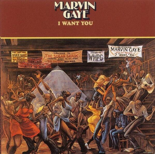 Album cover for Marvin Gaye's 'I Want You' featuring a colorful illustration of various characters in a room with musical elements.