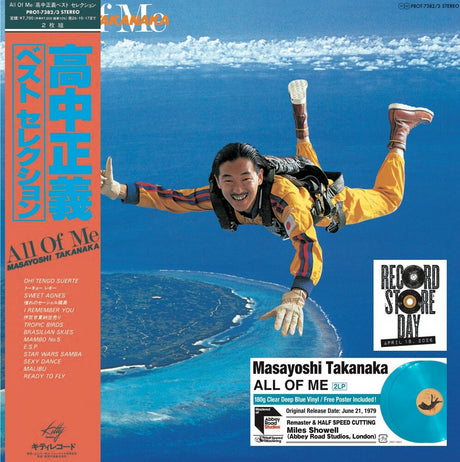 Album cover with a person skydiving against a blue sky, featuring text and branding.
