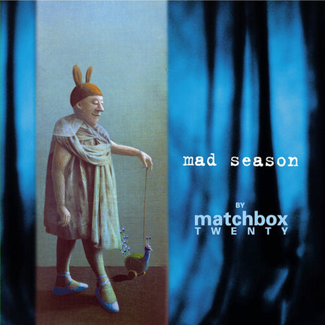 Album cover art for Matchbox Twenty's 'Mad Season' featuring a stylized illustration of a character in a hat and coat, with a bird, against a blue textured background.