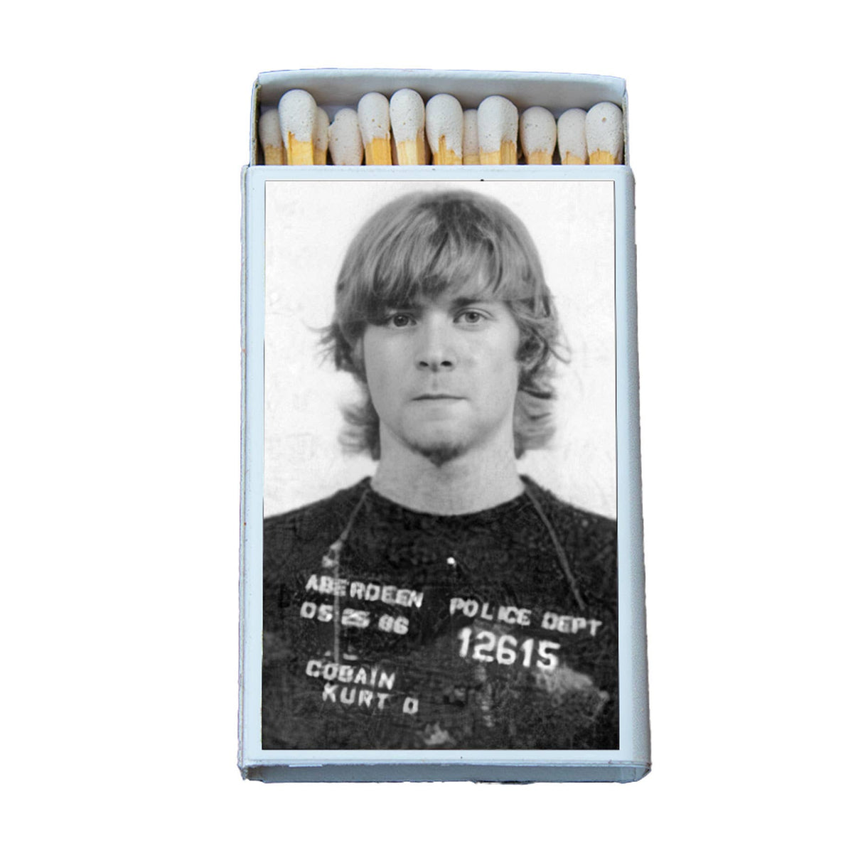 Collectible matchbox with black and white mugshot of a young man with shaggy hair
