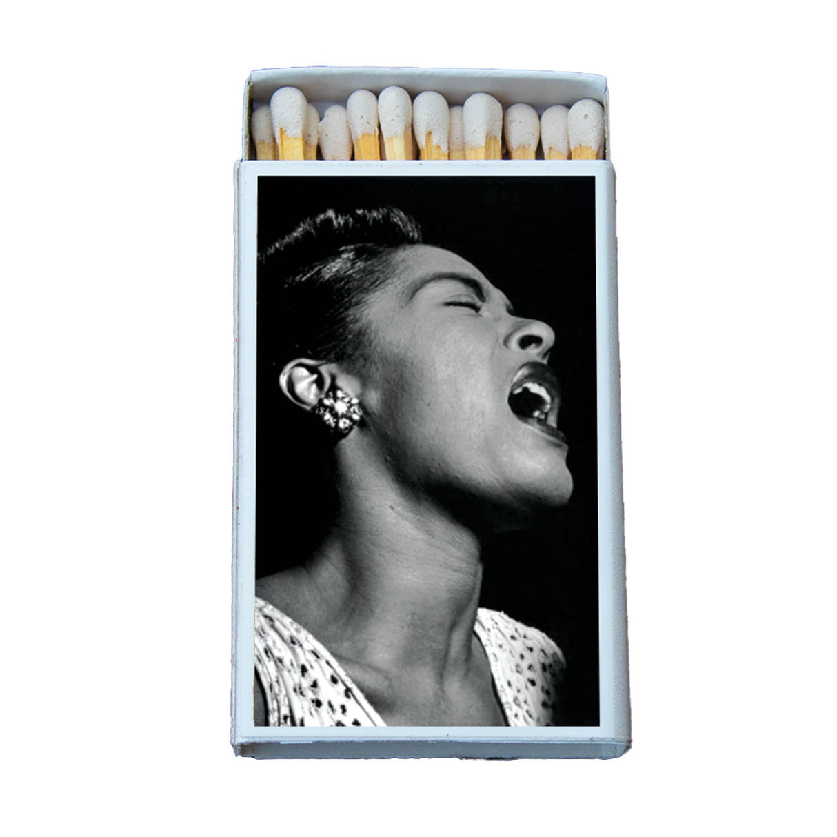 Collectible matchbox featuring a black-and-white photo of a jazz singer passionately singing