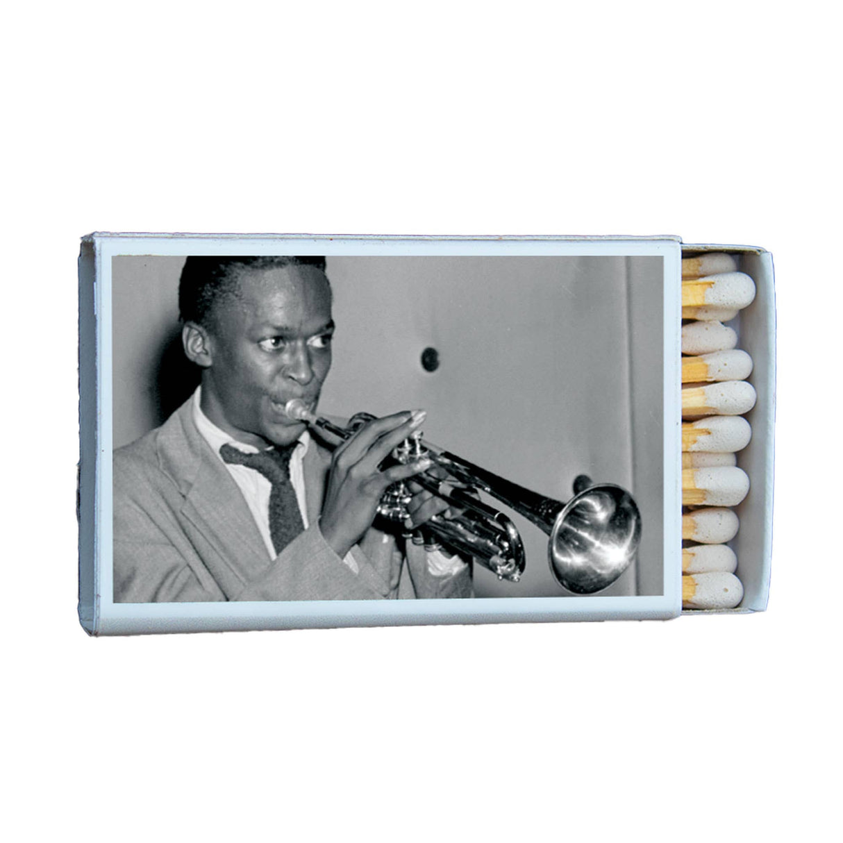 Matchbox featuring a vintage black and white photo of a trumpet player in a suit