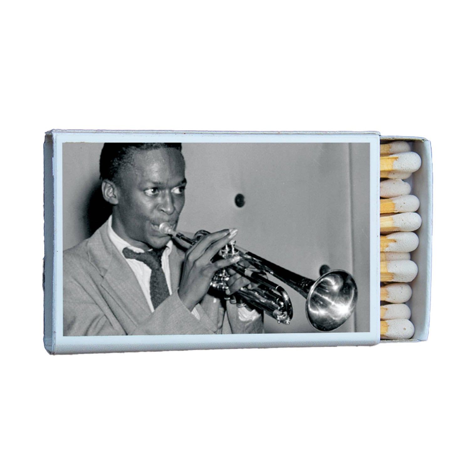 Matchbox featuring a vintage black and white photo of a trumpet player in a suit