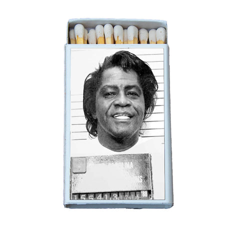 Open matchbox featuring a black and white vintage mugshot illustration on the cover