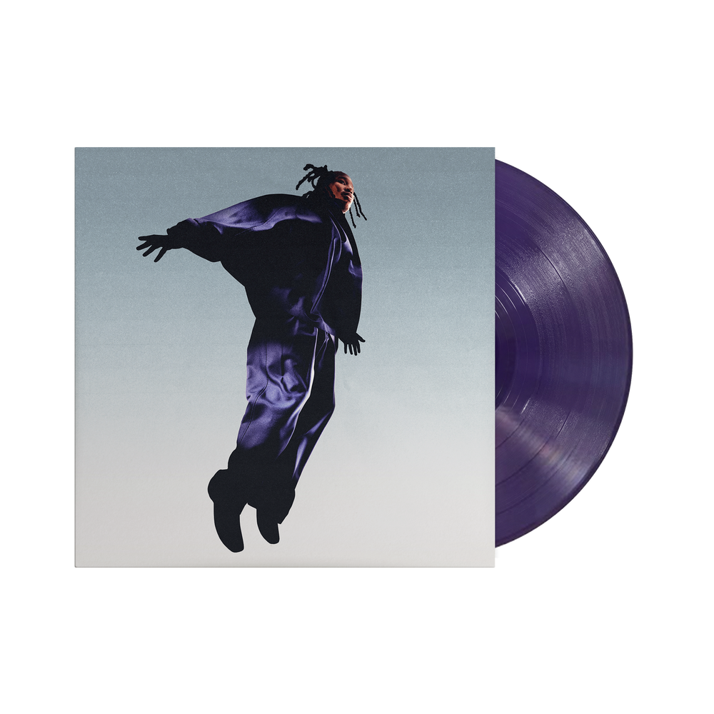 Purple vinyl record with Mavi in a dark outfit on a light gray background