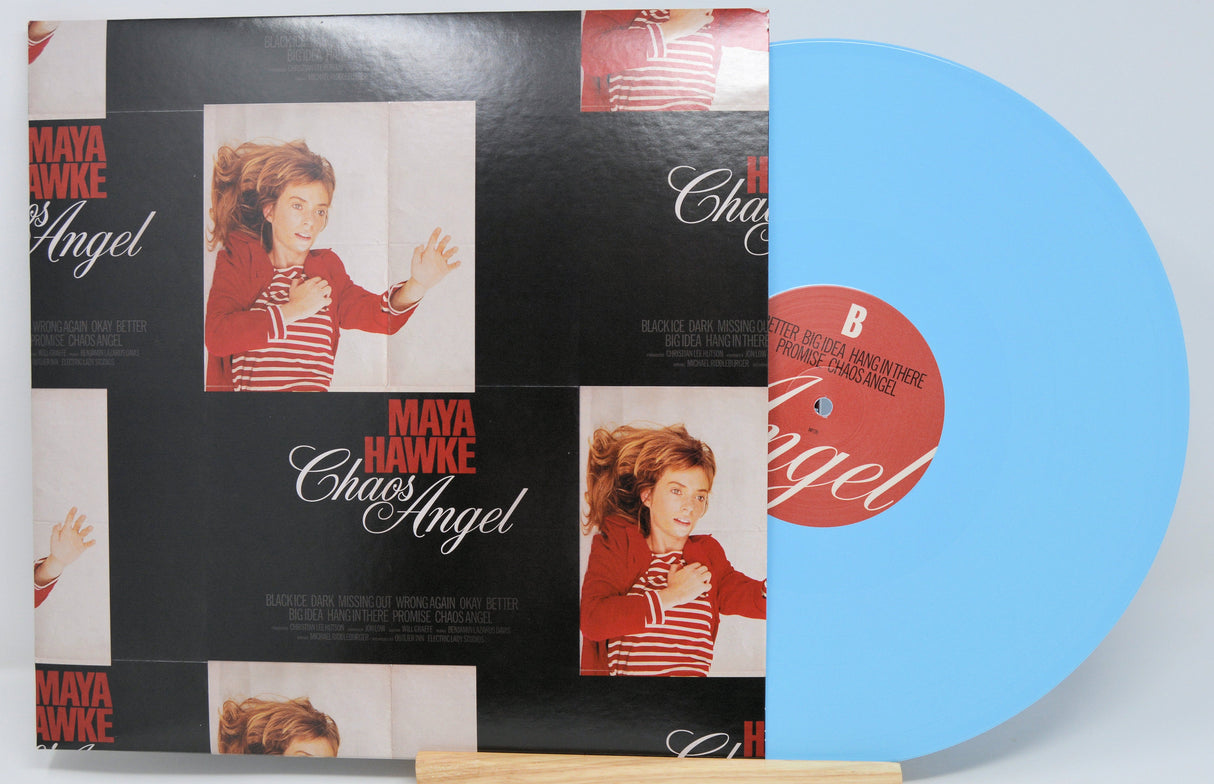 Reverse view of Maya Hawke Chaos Angel record sleeve and blue vinyl LP