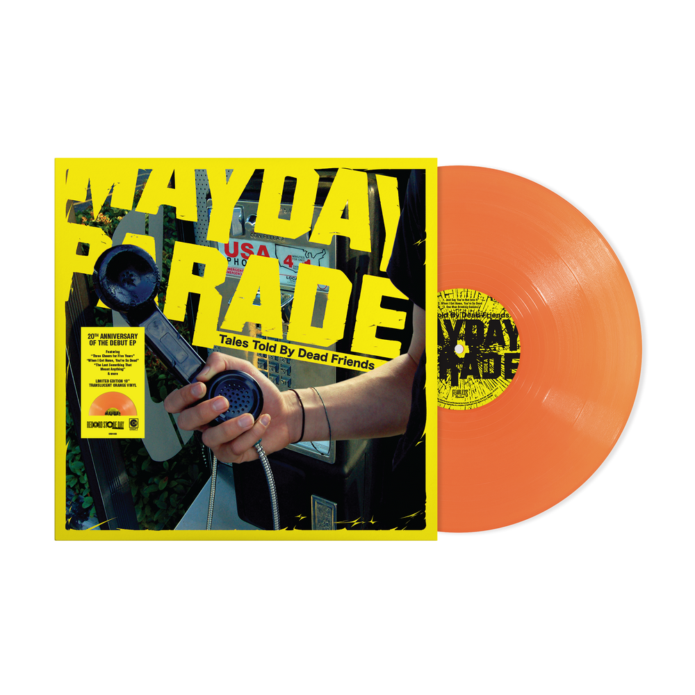 Vinyl record with orange disc and 'Mayday Parade' album cover featuring a hand holding a phone.