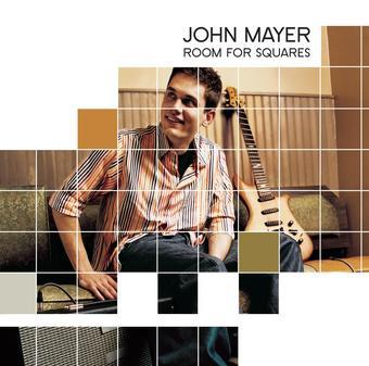Album cover of John Mayer's 'Room For Squares' featuring a grid of images with John Mayer in the background holding a guitar.