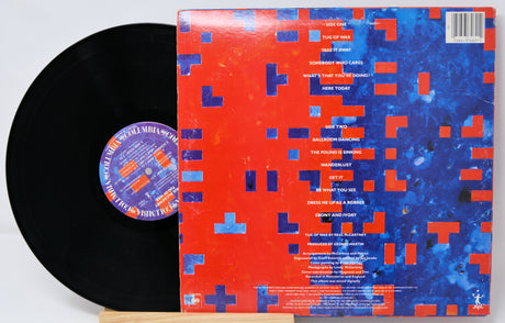 Vinyl record with colorful cover and label on a white background