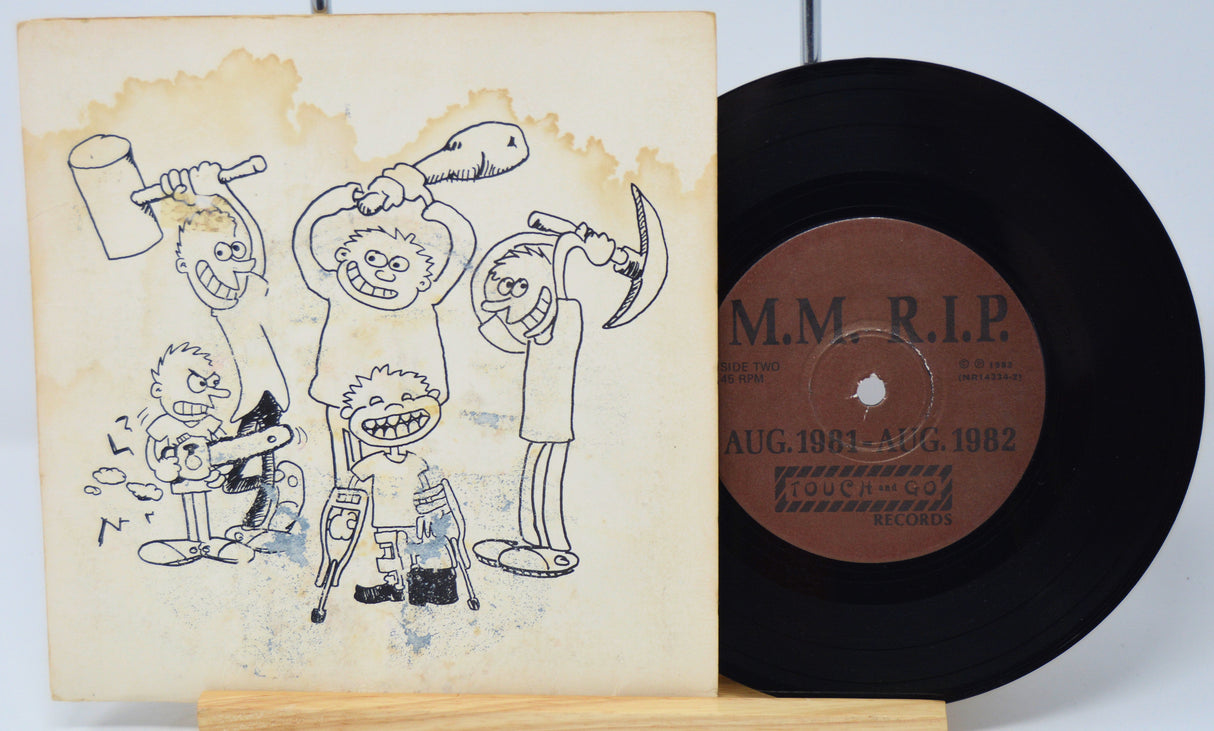 Vinyl record with a cover featuring illustrations of cartoon characters on a white background